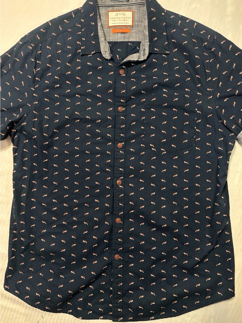 Denim & Flower Navy Short-Sleeve Button-Down Shirt with Small Fox Print